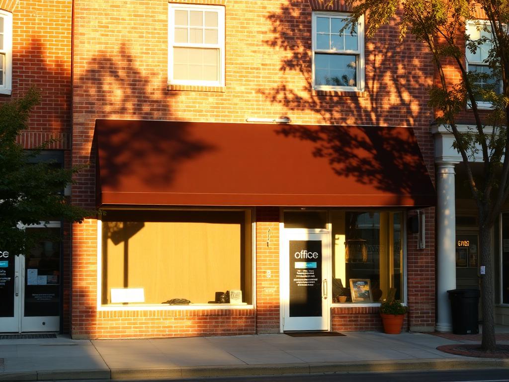 Storefront office on a Stroudsburg, Pennsylvania street at golden hour